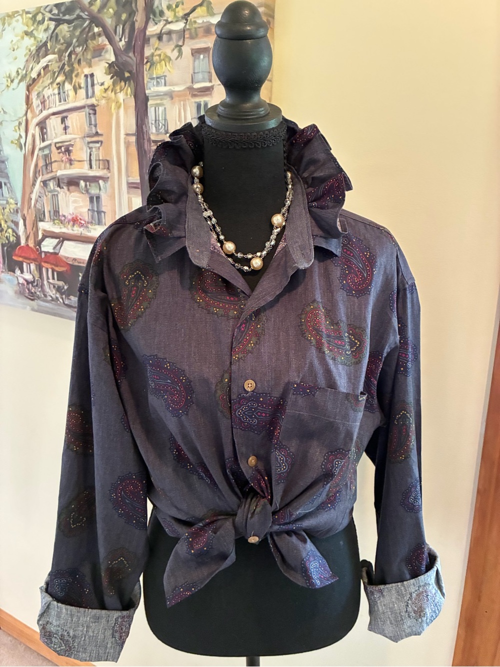 Paisley Ruffle Collar Button-Down Shirt
